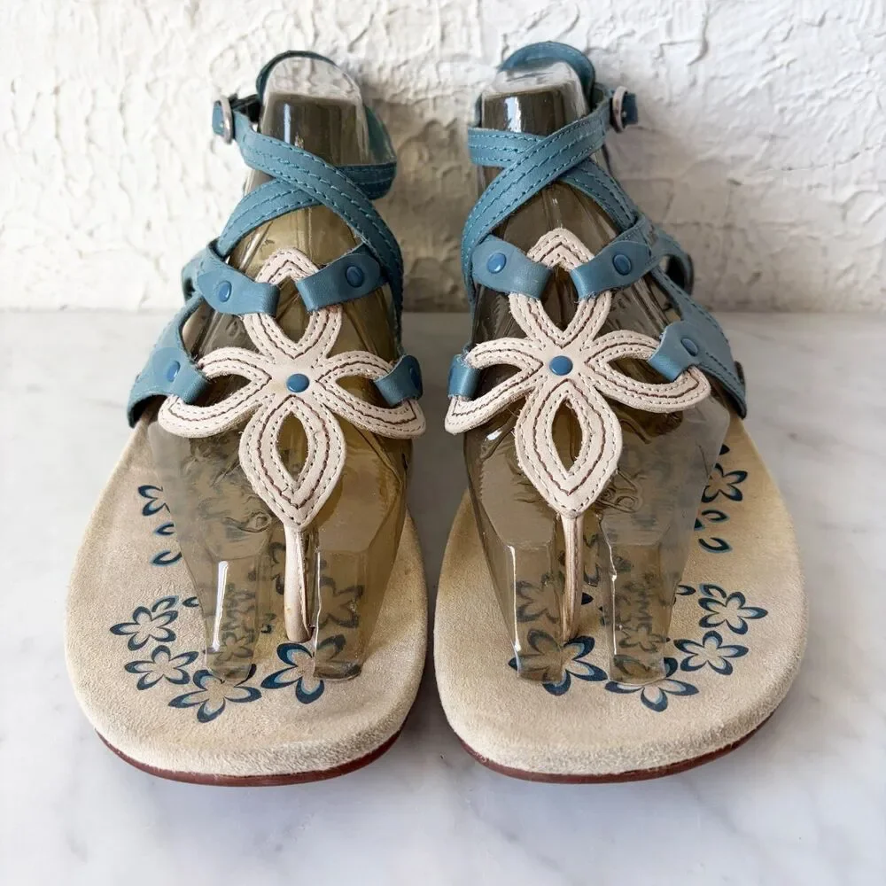 Cushe Sierra Toe Post Sandals Women's 9 Blue Beige Leather Straps Buckle